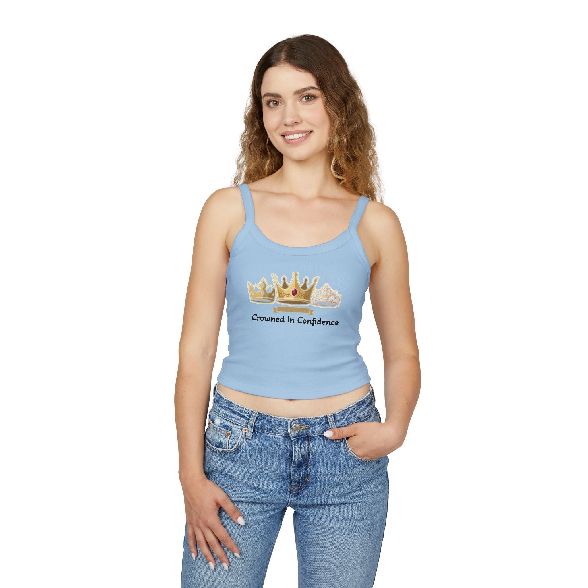 Crowned in Confidence Women's Crown Graphic Spaghetti Strap Crop Tank Top