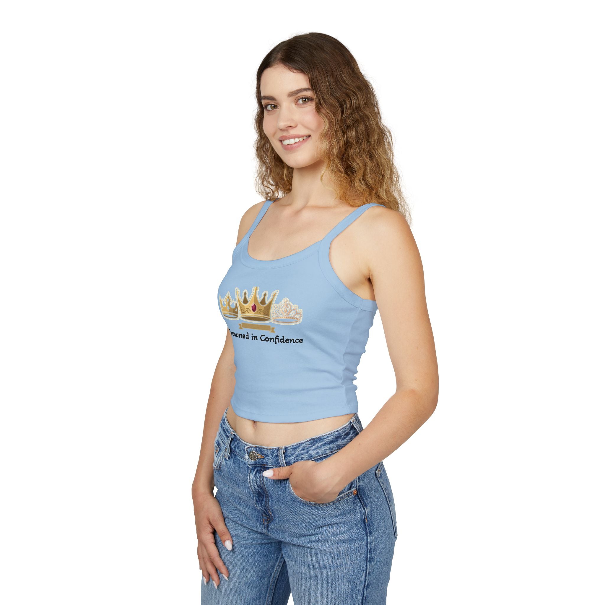 Crowned in Confidence Women's Crown Graphic Spaghetti Strap Crop Tank Top